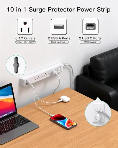 Miniatura 2 de 2 Pack Power Strip, Extension Cord 3FT, Surge Protector with 6 Outlets and 4 USB Ports (2 USB C), Flat Plug Overload Protection, Extension Cord with