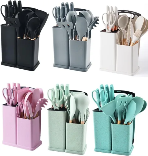 Miniatura 3 de Juego de utensilios de cocina y cuchillos de 19 piezas con bloque, 9 piezas de utensilios de cocina de silicona, 5 piezas afiladas de acero Beige