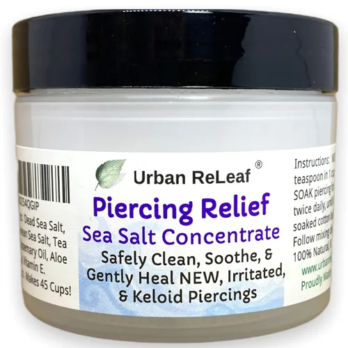 Urban ReLeaf Concentrado de sal marina para aliviar los piercings. Limpia, calma y cura suavemente de forma segura, nuevos piercings irritados y