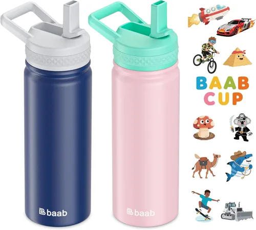 Miniatura 8 de baab Botella de agua para niños de 18 onzas, botella de agua aislada con popote y calcomanías, taza con popote de agua para niños de acero