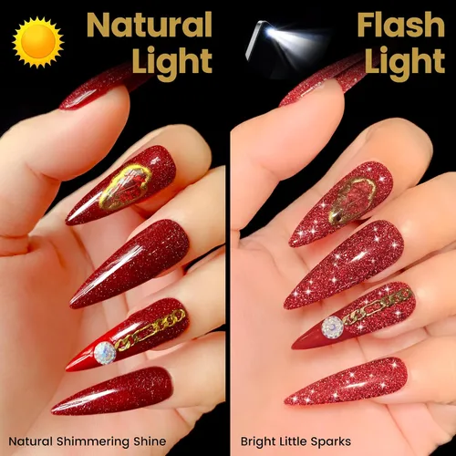Miniatura 3 de YTD Likomey Esmalte de uñas de gel con purpurina reflectante, 15ml, esmalte de uñas de diamante brillante color rojo, uñas brillantes y brillantes