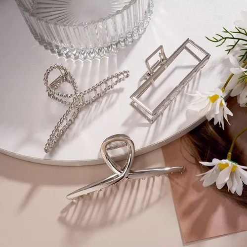 Miniatura 5 de 3 pinzas para el cabello para mujer, pinzas de metal plateado grandes para cabello grueso y delgado, abrazaderas de pasador de atrapado jumbo