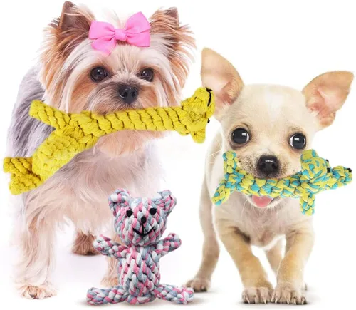 Miniatura 2 de SunGrow Juguetes de algodón con nudo de cuerda para cachorros y hurones, oso de peluche masticable resistente para dentición, jirafa y perro, tejido