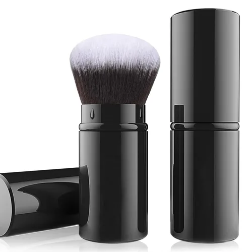 Falliny Brocha de maquillaje kabuki retráctil, brocha de viaje para colorete facial, brocha portátil de polvo de base, protector solar con cubierta