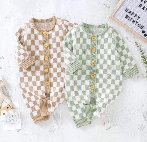 Miniatura 3 de Mameluco de punto unisex para bebé, niña, niño, overol de punto a cuadros, de una pieza, suéter con botones