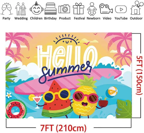 Miniatura 5 de Fondo de fotografía de Hello Summer de 7 x 5 pies, tema de Hawaii, palmera tropical, fruta del océano, dibujos animados, amigos, fiesta