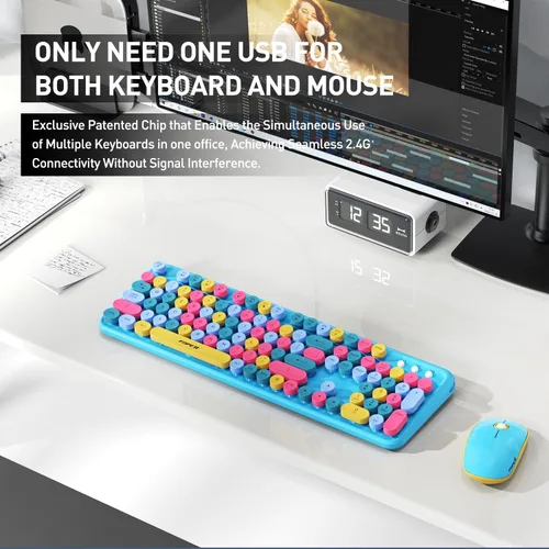 Miniatura 9 de FOPETT - Juego de teclado y mouse inalámbricos de 2.4 GHz con botón de interruptor, teclado de tamaño completo, compatible con V2030 Azul Colorido