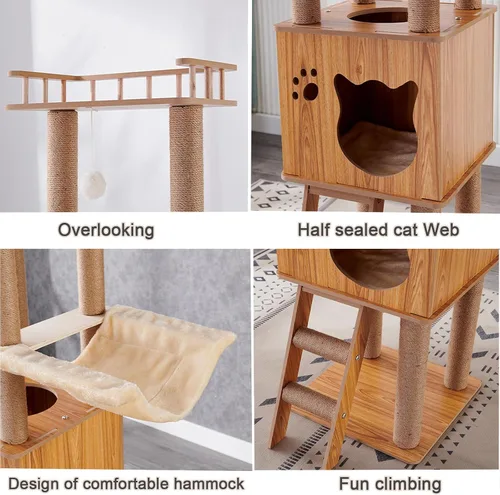 Miniatura 5 de Árbol de madera para gatos de 61 pulgadas con condominio para gatos, postes rascadores de escaleras para gatos, 2 cuencos, postes rascadores
