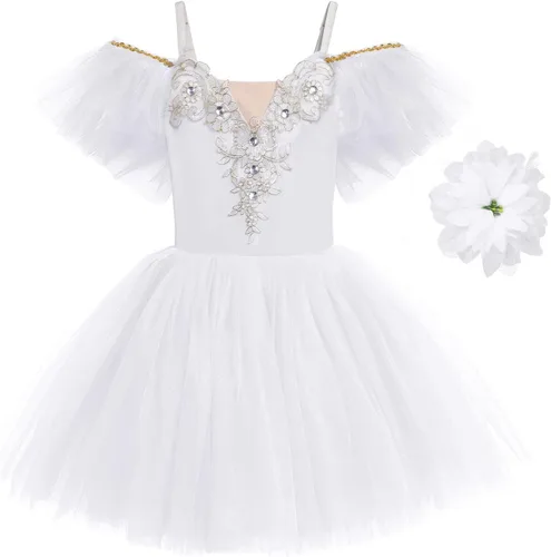 Miniatura 2 de Leotardos de ballet para niñas pequeñas, falda de tul con purpurina, 2 piezas, manga con volantes, tutú con clip para el cabello, trajes de una pieza