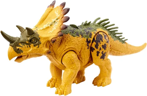 Mattel Jurassic World Wild Roar - Juguete de dinosaurio con sonido y movimiento de ataque, figura de acción Regaliceratops Posable incluye juego