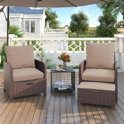 UDPATIO Muebles de balcón - Silla de patio al aire libre con otomana para espacios pequeños, juego de muebles de patio de mimbre de 5 piezas con