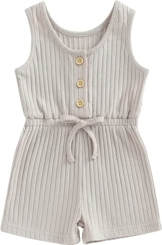 Miniatura 50 de Traje de verano para niña pequeña, de manga corta, acanalado, overol liso, pantalones cortos, ropa para recién nacidos