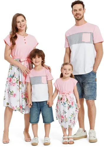 PATPAT Conjuntos familiares a juego de manga corta con cinturón, estampado empalmado y camisetas casuales a juego
