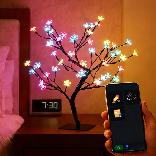 Lámpara LED inteligente RGB con diseño de árbol de cerezo, bonsái iluminado por USB de 16 pulgadas para escritorio, temporizador de sincronización