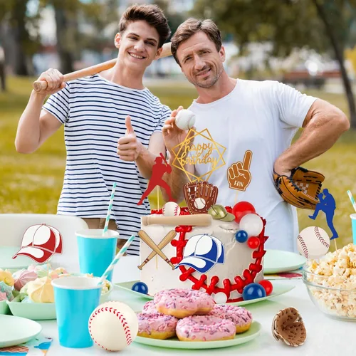 Miniatura 4 de Hooqict Juego de 26 decoraciones de pastel de béisbol con mini bolas, jugador, gorras, guantes, murciélagos, adornos de pastel de cumpleaños