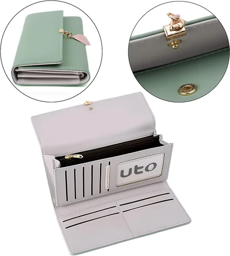 Miniatura 27 de UTO - Cartera pequeña RFID de piel sintética con dije de hoja, cierre de cremallera y tarjetero.