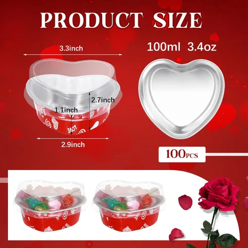 Miniatura 2 de Ziliny Juego de 100 moldes para pasteles en forma de corazón con tapas, mini moldes de papel de aluminio para tartas de San Valentín, 3.4 fl oz/3.4