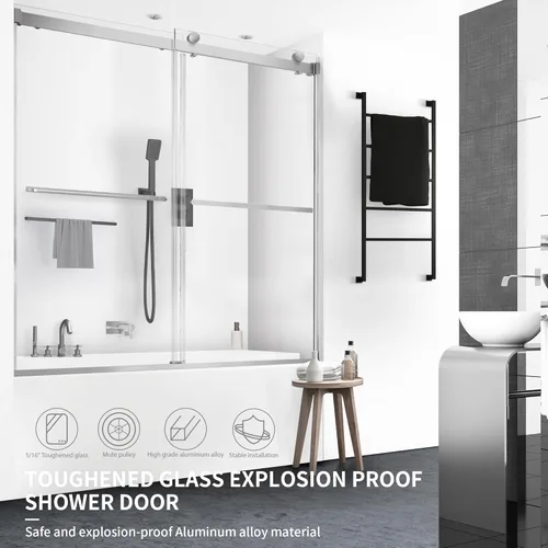 Miniatura 5 de Puerta corrediza de cristal para bañera, 56-60 pulgadas de ancho x 58 pulgadas de alto, sin marco, para baño, vidrio templado transparente de 5/16
