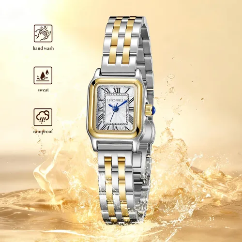 Miniatura 8 de Relojes pequeños de oro para mujer con funda rectangular vintage, esfera romana clásica, banda de acero inoxidable resistente al agua con cadena