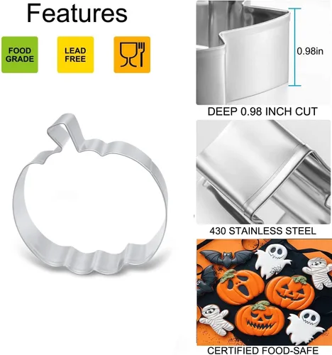 Miniatura 5 de Juego de cortadores de galletas de calabaza, 4 pulgadas, 3.2 pulgadas, 1.96 pulgadas, cortador de galletas de Halloween, otoño, Acción de Gracias