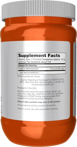 Miniatura 2 de Now Foods Nutrición Deportiva, Polvo de Creatina Micronizada 500 g, Incremento de Masa*/Producción de Energía*, 1.1 Libras