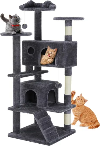 Miniatura 9 de Sweetcrispy Torre de árbol para gatos de 54 pulgadas, torre de varios niveles con poste rascador para gatos, condominio interior para gatos con Gris