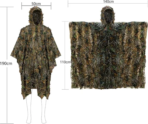 Miniatura 4 de Ginsco Poncho de camuflaje con hojas 3D Camoflage Woodland Cape ligero Ghillie traje para hombres, capucha Ghillie para caza de pavos, observación