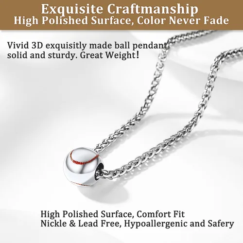 Miniatura 6 de Bestyle Collar con colgantes de bola vívida para hombre, acero inoxidable sólido, fútbol, baloncesto, voleibol, pelota de rugby, béisbol, plateado