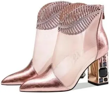 Miniatura 5 de IMPREMEY Women's Rhinestone High Heels, Leather Mesh Pointed Toe Glittering Jewel Back Zipper Summer Ankle Boots