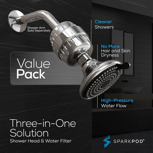 Miniatura 8 de SparkPod Cabezal de ducha filtrado de 23 etapas con 3 ajustes de pulverización, cabezal de ducha de alta presión con filtros para cabello y piel
