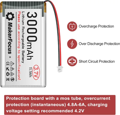 Miniatura 6 de 2 piezas 3.7V 3000mAh Batería recargable de polímero de litio 1S LiPo con placa de protección, cinta de goma aislante y conector JST 1.25 para placa