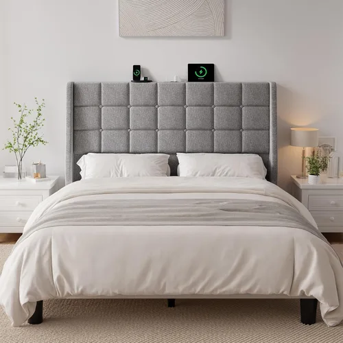 Miniatura 6 de Cabecero tapizado ergonómico tamaño queen con estación de carga, cabeceros con respaldo de orejas de lino con bolsillo de almacenamiento, solo Gris