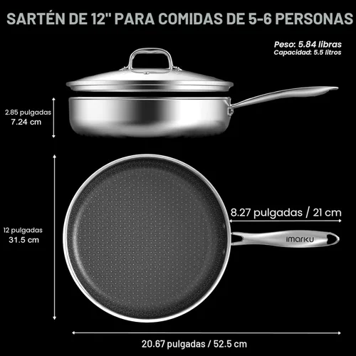 Miniatura 4 de imarku Sartenes antiadherentes, sartén de acero inoxidable de 12 pulgadas, sartén híbrida con tapa, sartén grande profunda, apta para lavavajillas