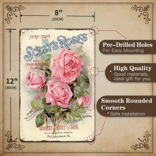 YOYI ART Letrero de hojalata vintage con rosa rosa para decoración de pared, diseño de casa victoriana de campo francés, Shabby Chic para Letrero de