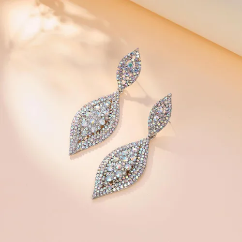 Miniatura 4 de Flyonce - Aretes caídos de diamantes de imitación y diseño de 2 hojas para novia