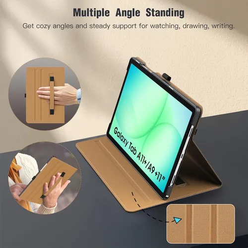 Miniatura 4 de MoKo Funda para Samsung Galaxy Tab A11+/ A11 Plus/ A9+/ A9 Plus de 11 pulgadas 2026/2024, piel sintética multiángulo con correa de mano, bolsillo