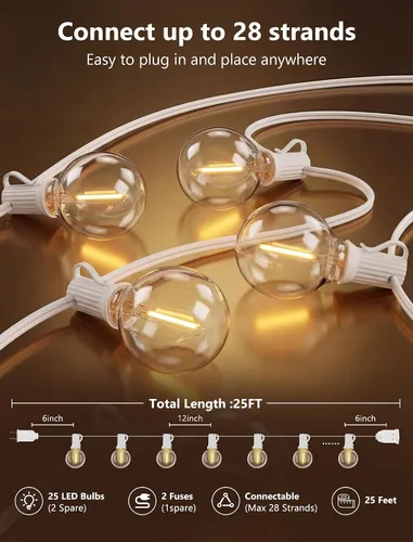 Miniatura 2 de Guirnalda de luces LED para exteriores, G40, de 25 pies, impermeable, con 27 bombillas inastillables, luces colgantes de decoración de Navidad al