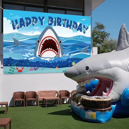 Miniatura 6 de Tatuo Cartel de fondo de cumpleaños de tiburón, decoraciones de cumpleaños de tiburón, fondo de fotografía de zona para niños y niñas, suministros