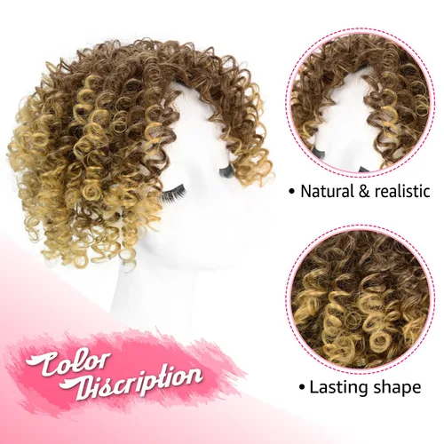 Miniatura 3 de Peluca de cabello corto afro natural rizado con flequillo, pelucas sintéticas con clip negro, para hombres y mujeres, con cabello delgado, volumen