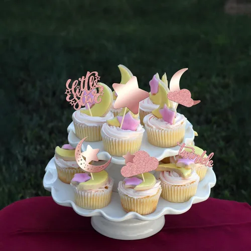 Miniatura 9 de Gyufise 24 piezas de decoración de cupcakes con purpurina de luna, nube, decoración de tartas de estrellas parpadeantes, baby shower, niños, Oro