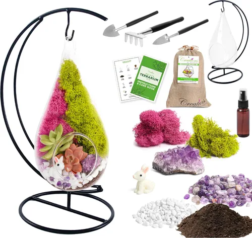 Miniatura 2 de Creations by Nathalie Kit de terrario casero de 18 cm en forma de lágrima con plantas vivas - Maceta colgante de vidrio con soporte para adultos