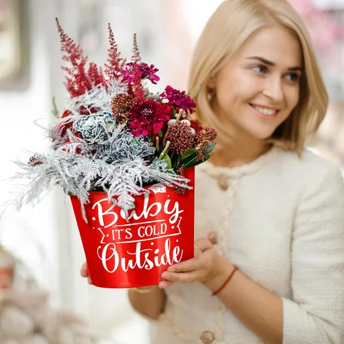 Miniatura 3 de Hoolerry 16 macetas de Navidad para jardinería, accesorios galvanizados, cubo de metal rojo de 6 pulgadas, macetas de flores galvanizadas