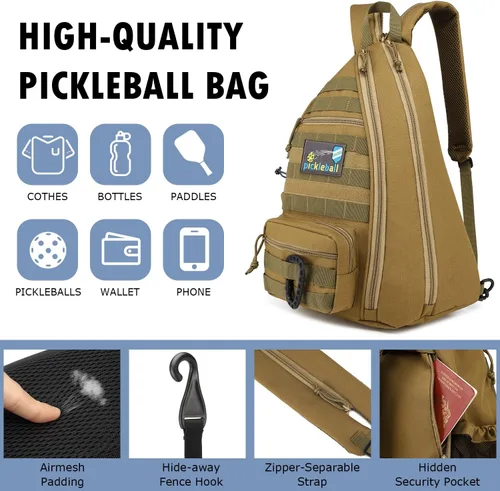 Miniatura 5 de Bandolera de pickleball SunForMorning, mochila táctica de pickleball para mujeres y hombres, bolsa de hombro ajustable con gancho para cerca y Marrón
