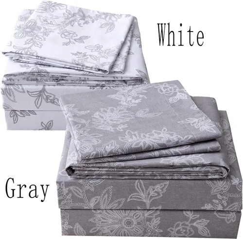 Miniatura 7 de FADFAY Juego de sábanas bajeras de tamaño individual color gris con estampado floral blanco con bolsillo profundo, súper suaves, de fácil cuidado