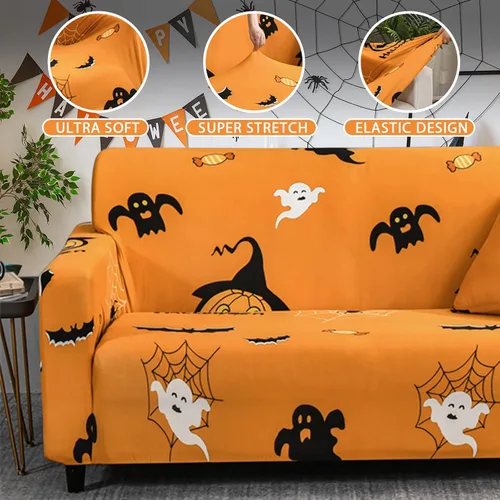 Miniatura 3 de Mybedsoul Funda de sofá con estampado de Halloween, funda elástica de fantasma, lavable a máquina, temática de Halloween, funda negra para sofá