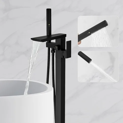 RUMOSE Llenador de bañera negro mate, relleno de bañera independiente, grifo de bañera de montaje en cascada, grifo de bañera de latón de alto flujo