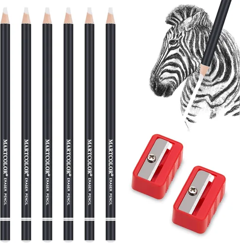 MARTCOLOR 6 lápices de borrador y 2 sacapuntas, borrador de detalles finos para bocetos, dibujos de carbón y lápices de colores