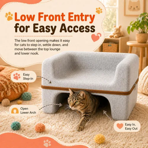 Miniatura 9 de Cama grande para gatos de interior, cama cueva para gatos de 2 niveles con salón superior y escondite inferior, sofá lavable de fieltro PET