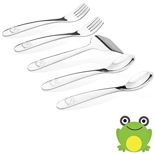 Juego de utensilios para bebés – 5 piezas de acero inoxidable (304) cucharas, tenedores y empujador de alimentos | Sin plomo, sin BPA, sin bordes