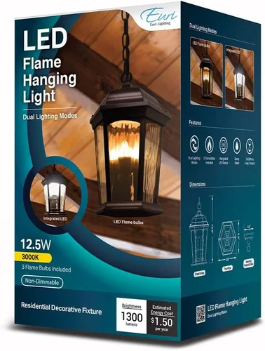 Miniatura 6 de Euri Lighting EHL-130W-MD, linterna colgante de llama parpadeante, vidrio de agua, con luz de seguridad integrada (3000 K), función seleccionable